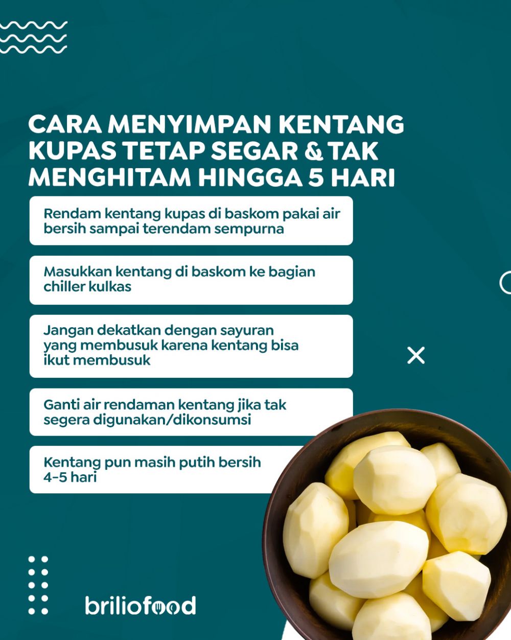 Tanpa bahan tambahan, cara menyimpan kentang kupas ini bikin warnanya tak hitam hingga berhari-hari