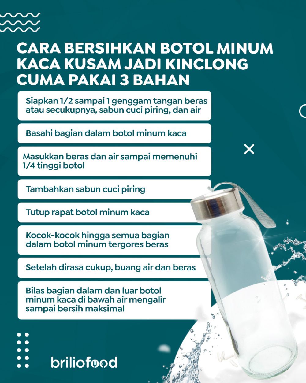 Cara bersihkan botol minum kaca agar kembali kinclong cuma pakai 3 bahan dapur