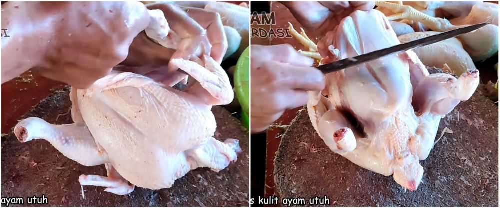 Cara pisahkan kulit dari daging ayam utuh, praktis cukup dibelah