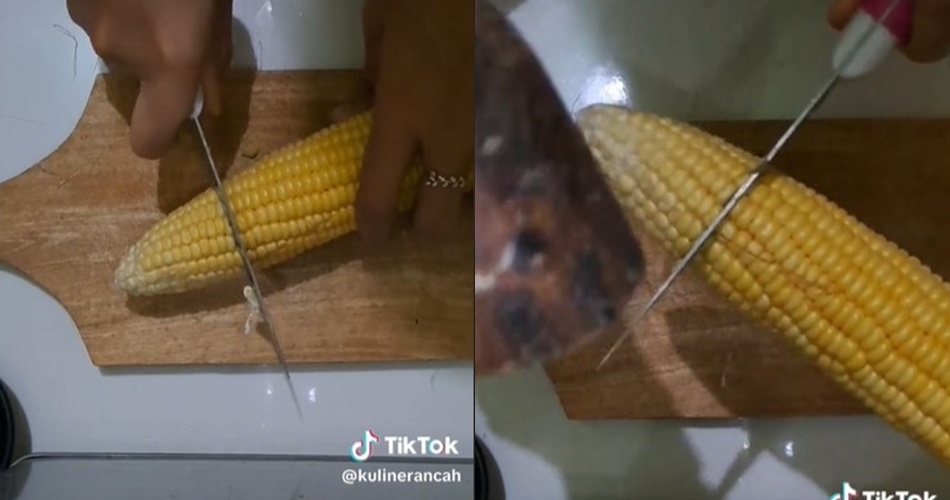 Tanpa ditekan kuat atau pakai pisau besar, wanita ini tunjukkan trik potong jagung agar mudah terbelah