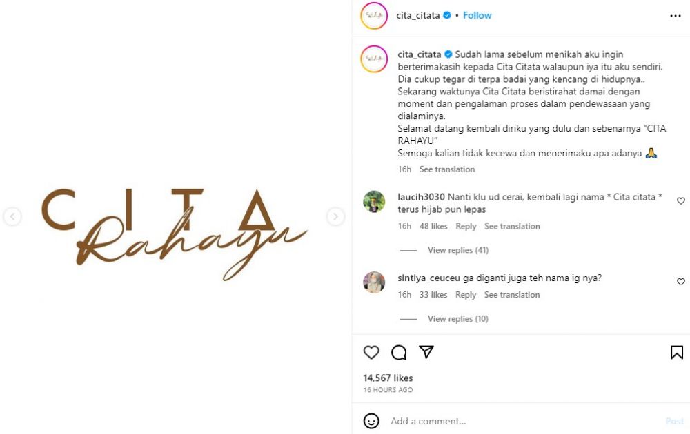 Cita Citata ubah nama © Instagram