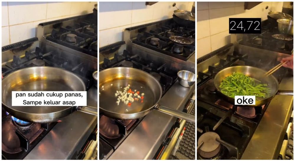 Trik cepat masak tumis kangkung cuma 25 detik, warnanya tetap hijau segar dan matang sempurna