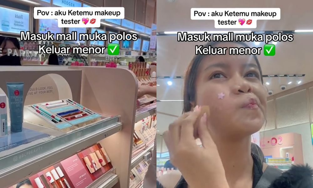 Datang dengan wajah polosan, wanita ini bagikan trik tampil full makeup di mall dengan modal Rp 0