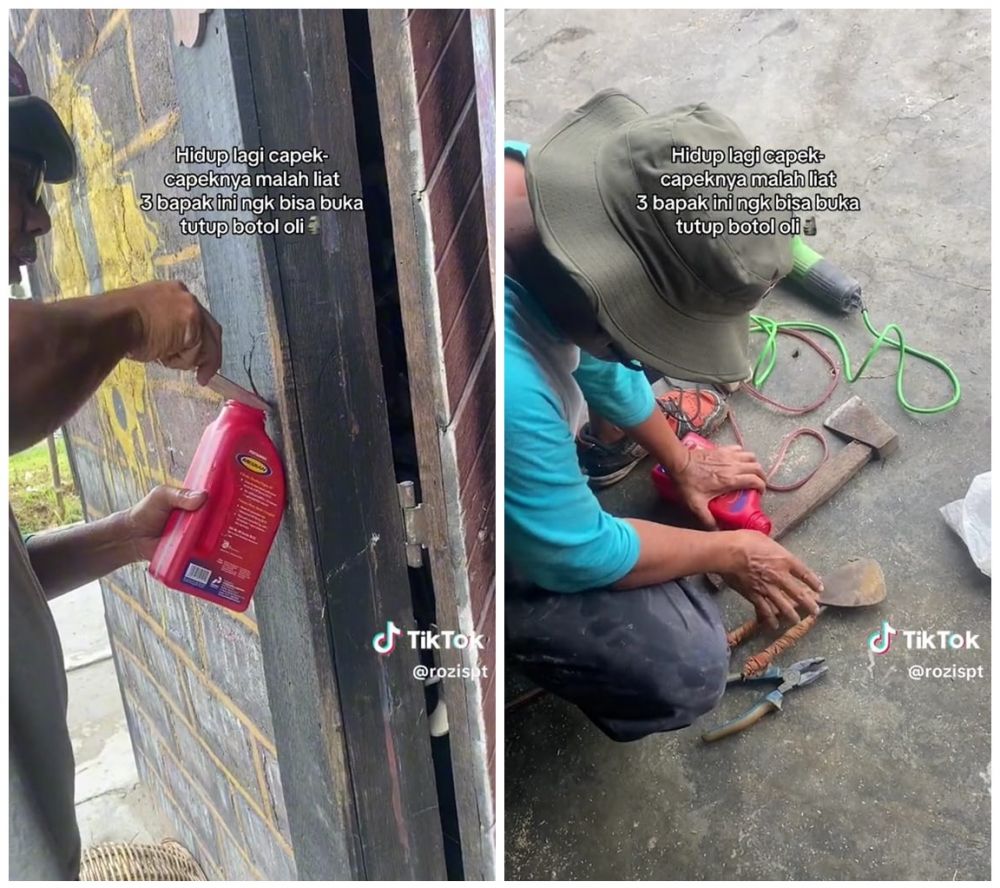 Bapak kesulitan buka tutup botol oli © TikTok Bapak kesulitan buka tutup botol oli © TikTok