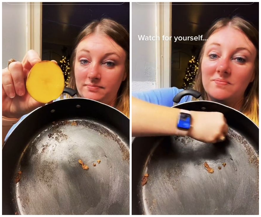 Cuma pakai 1 jenis umbi-umbian, begini cara aman bersihkan kerak masakan di wajan antilengket