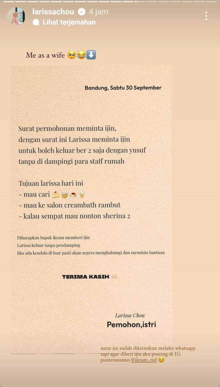 isi surat terbuka Larissa Chou buat Ikram Rosadi © 2023 brilio.net