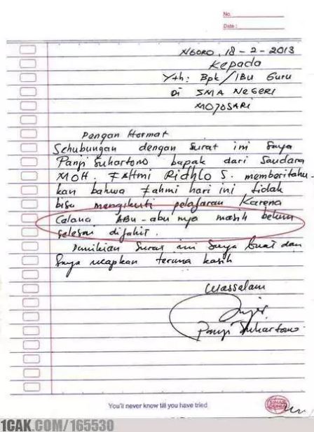 Potret lucu surat izin siswa Berbagai sumber