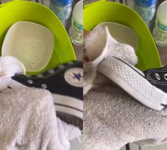 bersihkan sepatu kanvas hitam © TikTok