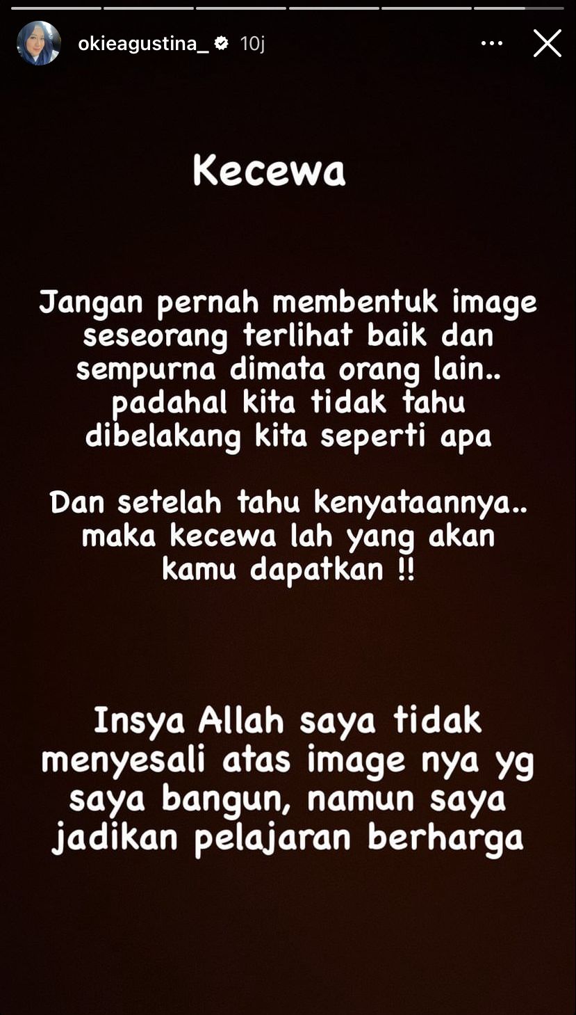 okie agustina tibatiba curhat kekecewaan © instagram okie agustina tibatiba curhat kekecewaan © instagram
