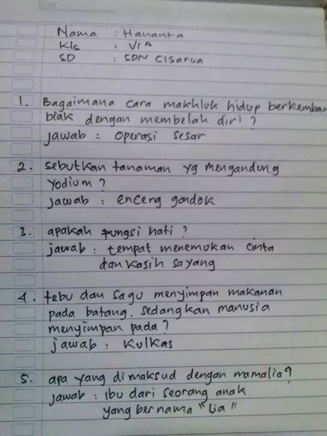 potret lucu jawaban anak SD di lembar ujian Berbagai sumber