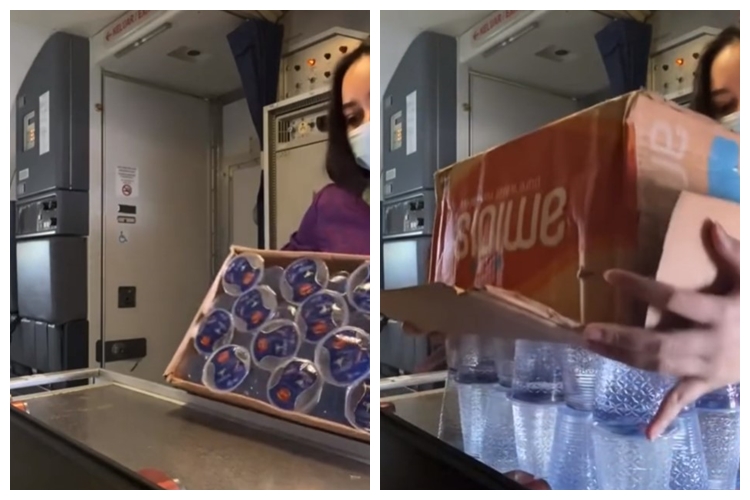 Cara pramugari cantik keluarkan aqua gelas dari kardus ini bikin kagum