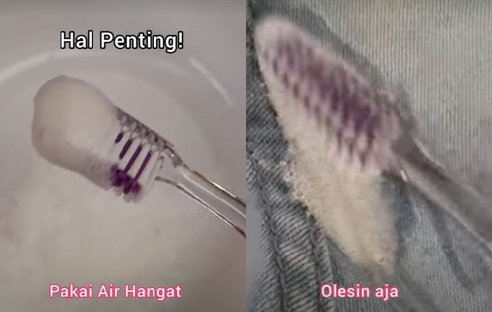 Cara mudah hilangkan noda kuning di celana jeans tanpa disikat kuat, cukup tambah 2 bahan dapur