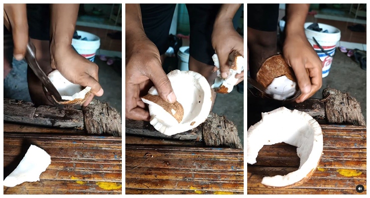 Tak perlu dikupas, trik bapak-bapak melepas daging kelapa dari batoknya ini super cepat dan praktis