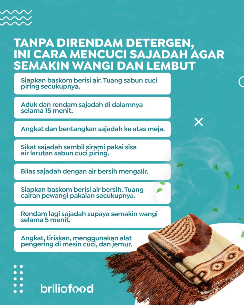 Tanpa direndam detergen, ini cara mencuci sajadah agar semakin wangi dan lembut pakai 1 bahan dapur