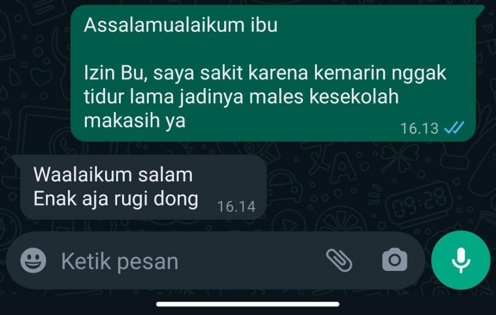 Chat lucu minta izin tidak masuk sekolah dari berbagai sumber Chat lucu minta izin tidak masuk sekolah dari berbagai sumber