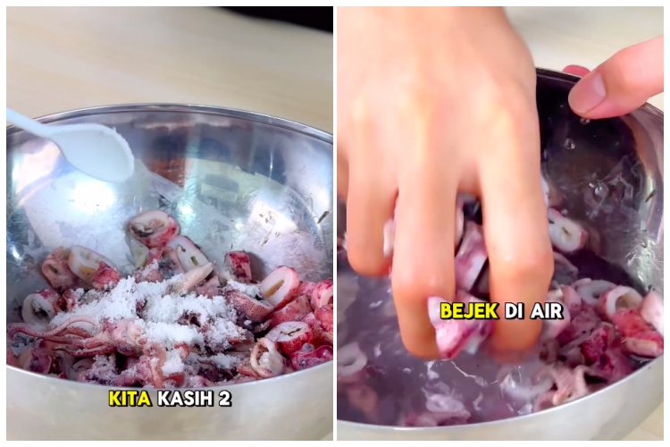 Tak perlu direbus, chef ini punya cara ampuh mengurangi asin pada cumi asin cuma pakai 1 bumbu dapur