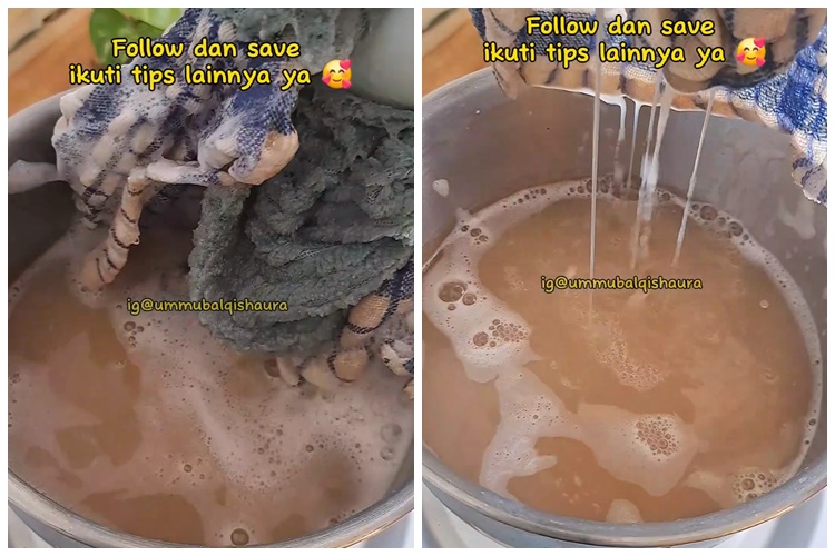 Tak perlu disikat, mama muda ini bersihkan lap dapur dekil dan berminyak pakai 1 bahan dapur