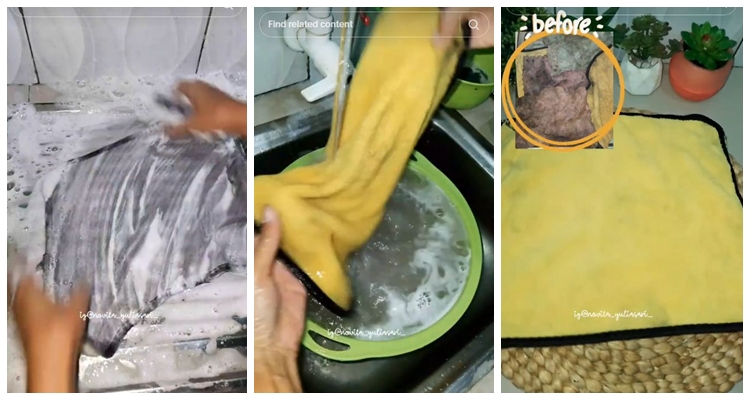 Pakai 2 bahan, trik wanita cuci serbet dapur dekil, hitam, dan jamuran ini bikin kinclong tanpa sitrun