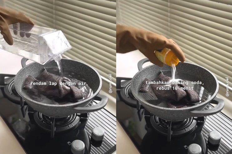 Tak perlu repot disikat, ini trik mencuci lap dapur dekil cuma andalkan 1 bahan dapur