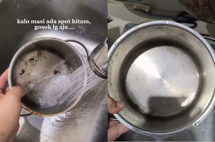 Tanpa digosok sitrun, cara ibu-ibu muda enyahkan noda gosong di panci ini cuma pakai 2 bahan dapur