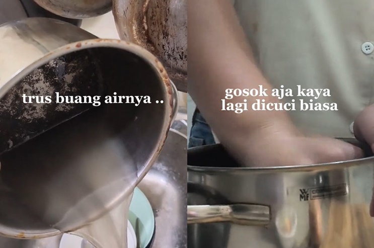 Tanpa digosok sitrun, cara ibu-ibu muda enyahkan noda gosong di panci ini cuma pakai 2 bahan dapur