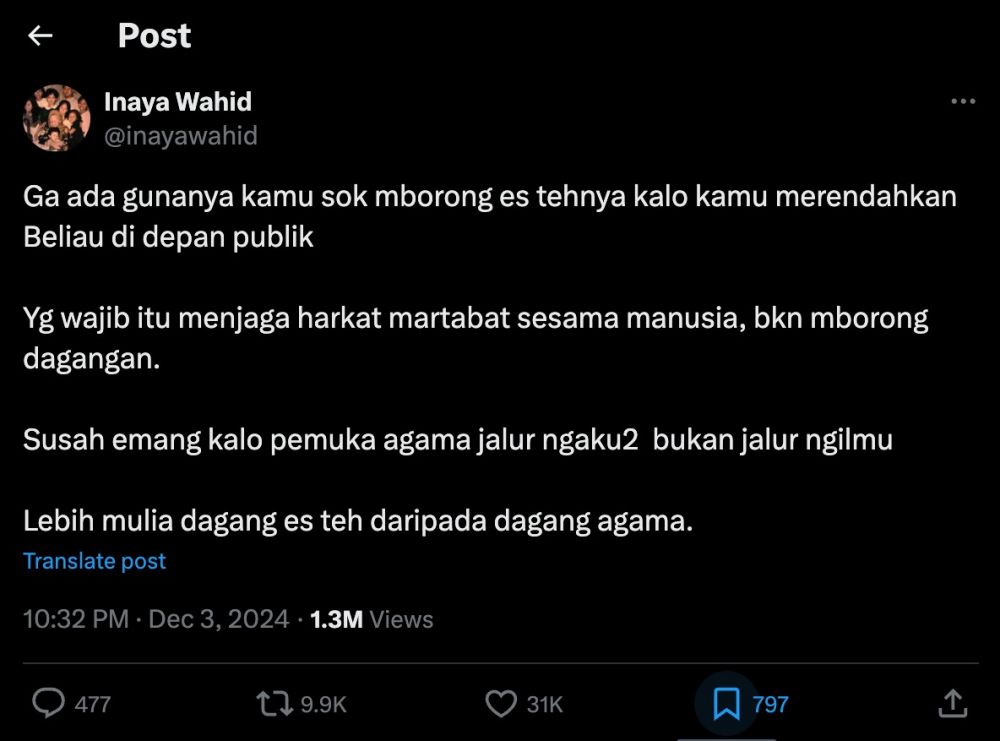 Inaya Wahid beri respons buat Gus Miftah © 2024 X