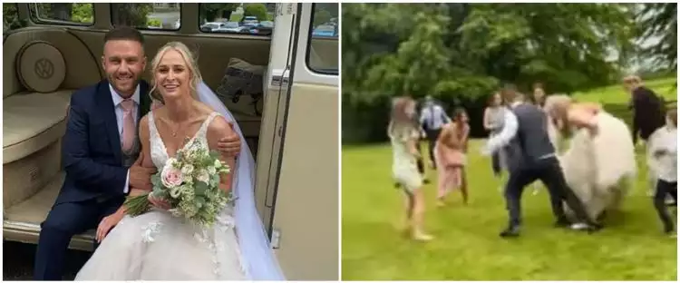 Pesta pernikahan unik, mempelai wanita main bola bareng tamu undangan