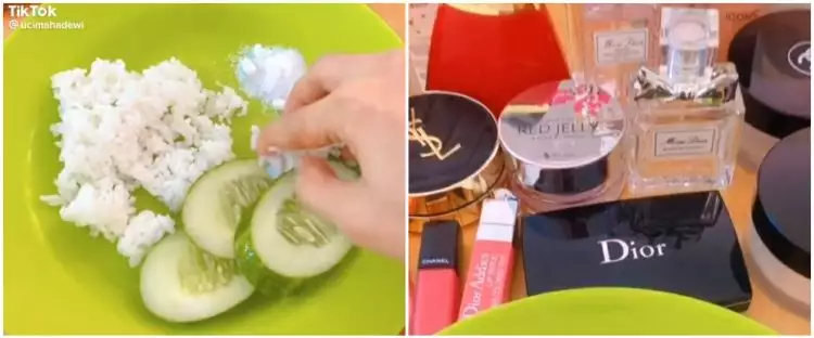 Aksi wanita makan nasi garam dikelilingi makeup mahal, jadi sorotan