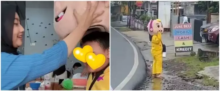 Cewek ini traktir makan bocah yang jadi badut jalanan saat hujan, aksinya banjir pujian