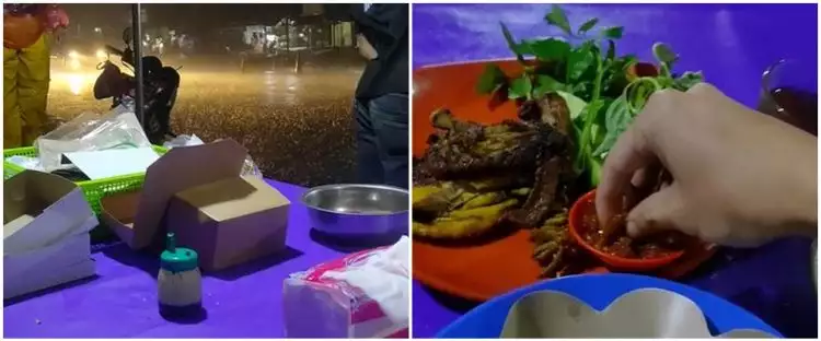 Momen pria makan pecel lele di tengah hujan badai, sikapnya bikin geleng kepala