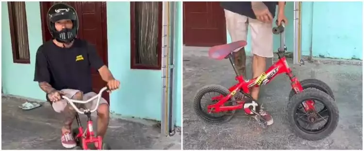 Pria ini modifikasi sepeda bocil jadi super panjang, cara kendarainya di luar dugaan