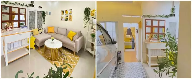 10 Potret ruang tamu outdoor rumah subsidi menyatu dengan garasi ini elegan dengan paduan warna kuning