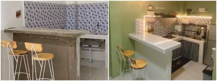11 Potret dapur mini bar tanpa kitchen set di rumah subsidi warna hijaunya bikin adem, nggak norak