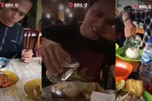 Sebelum makan pria ini selalu siram air putih ke makanannya