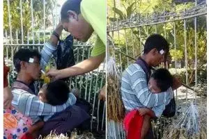 Pria ini pingsan saat pikul dagangan sambil gendong anaknya
