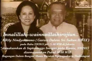 Kabar duka, KRAy Nindyokirono istri HB IX meninggal dunia