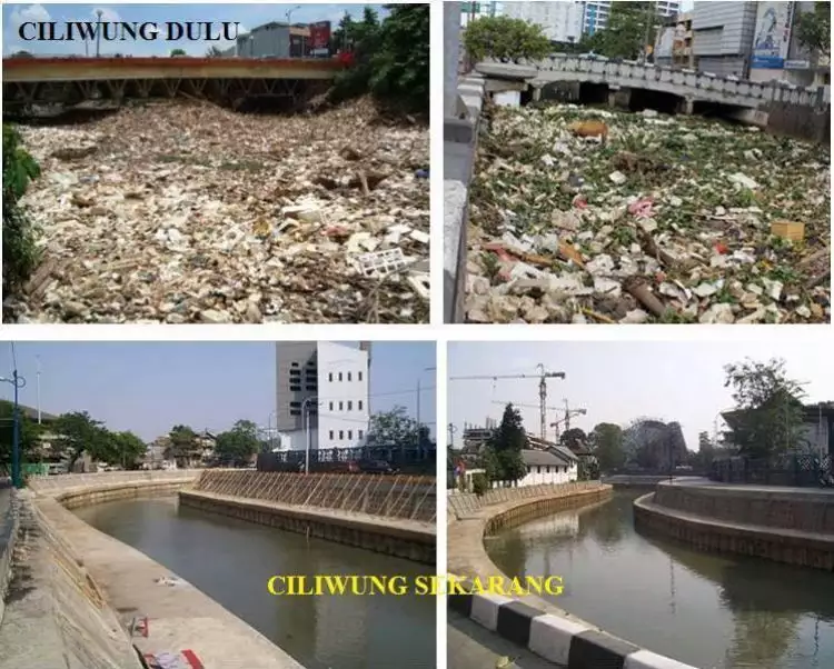 Foto-foto perbedaan sungai Ciliwung sebelum dan sesudah relokasi