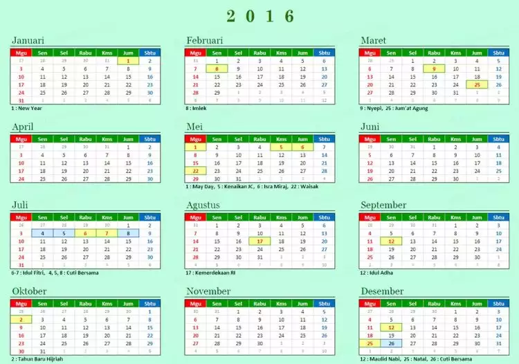 Ini daftar hari libur dan cuti bersama tahun 2016, silakan dicatat!