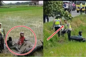 Hindari razia polisi, pemotor ini gugup, kabur malah nyemplung sawah!