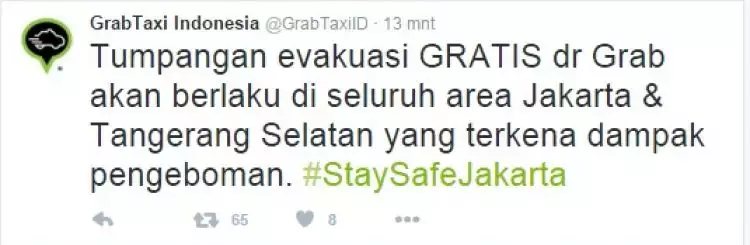 GrabTaxi berikan tumpangan gratis untuk evakuasi korban Sarinah 