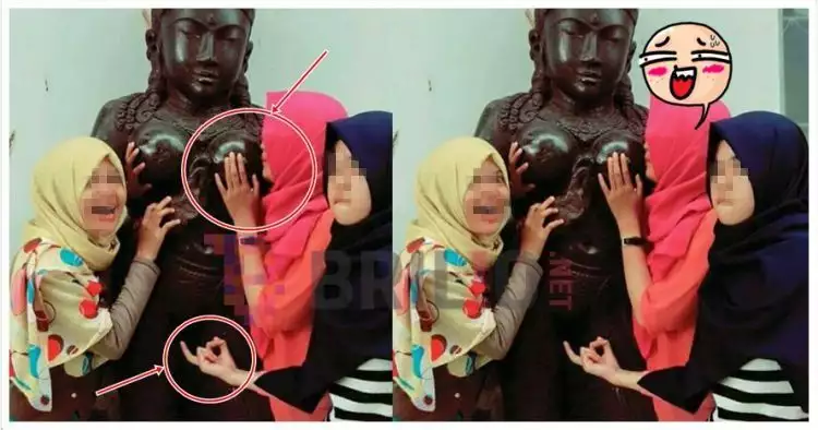 Pose mesum di depan patung kuno, 3 cewek ini dihujat netizen