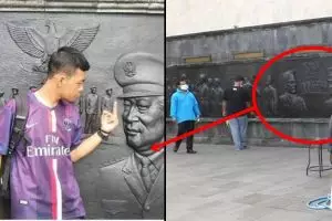 Pose remaja acungkan jari tengah ke relief Soeharto ini tuai hujatan