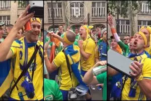 Akurnya suporter Irlandia dan Swedia, nyanyi bareng lagu ABBA, sip!