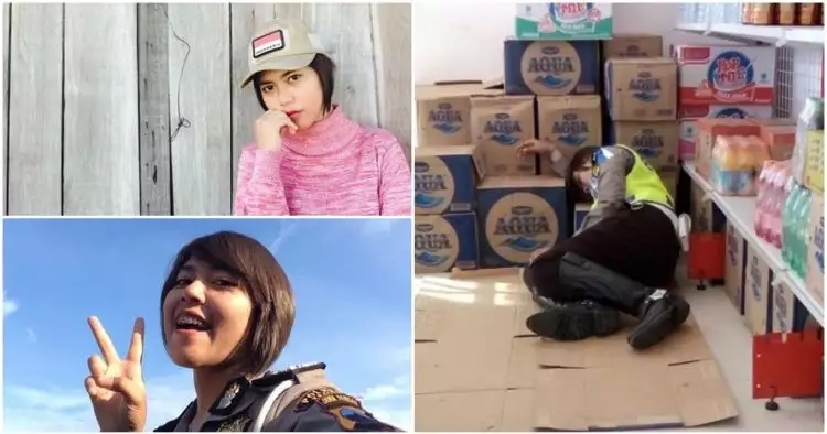 18 Foto cantiknya Polwan tidur di lantai minimarket & hebohkan netizen
