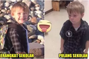 18 Foto ekspresi kocak bocah sebelum vs sesudah hari pertama sekolah