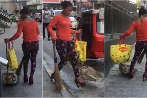 Tukang sapu wanita ini pakai high heels saat bekerja di jalanan