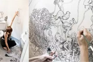 Diberi sentuhan seni pada dinding, toilet menjadi indah begini