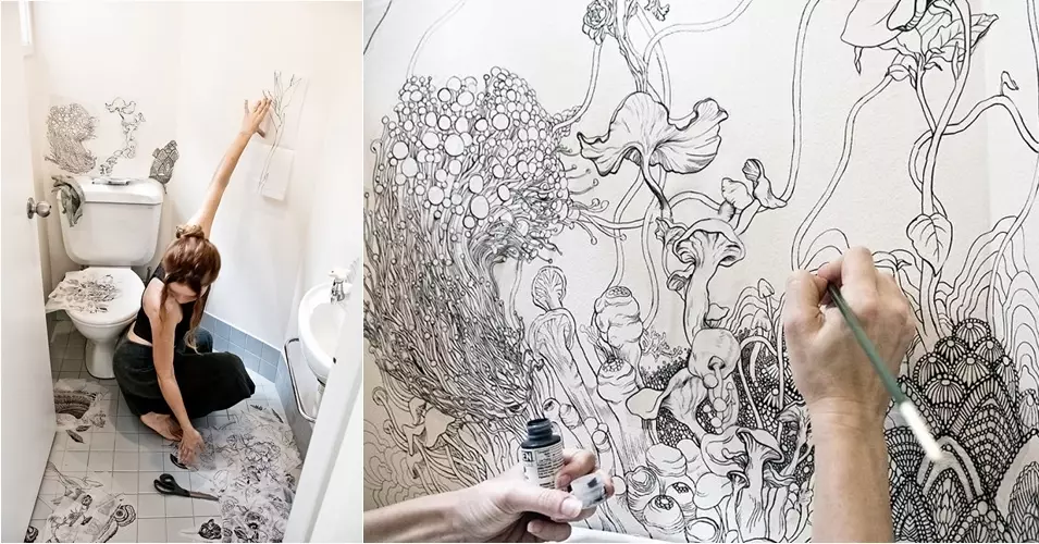 Diberi sentuhan seni pada dinding, toilet menjadi indah begini