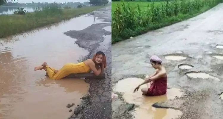 Protes pemerintah, wanita ini mandi dengan air keruh di lubang jalan