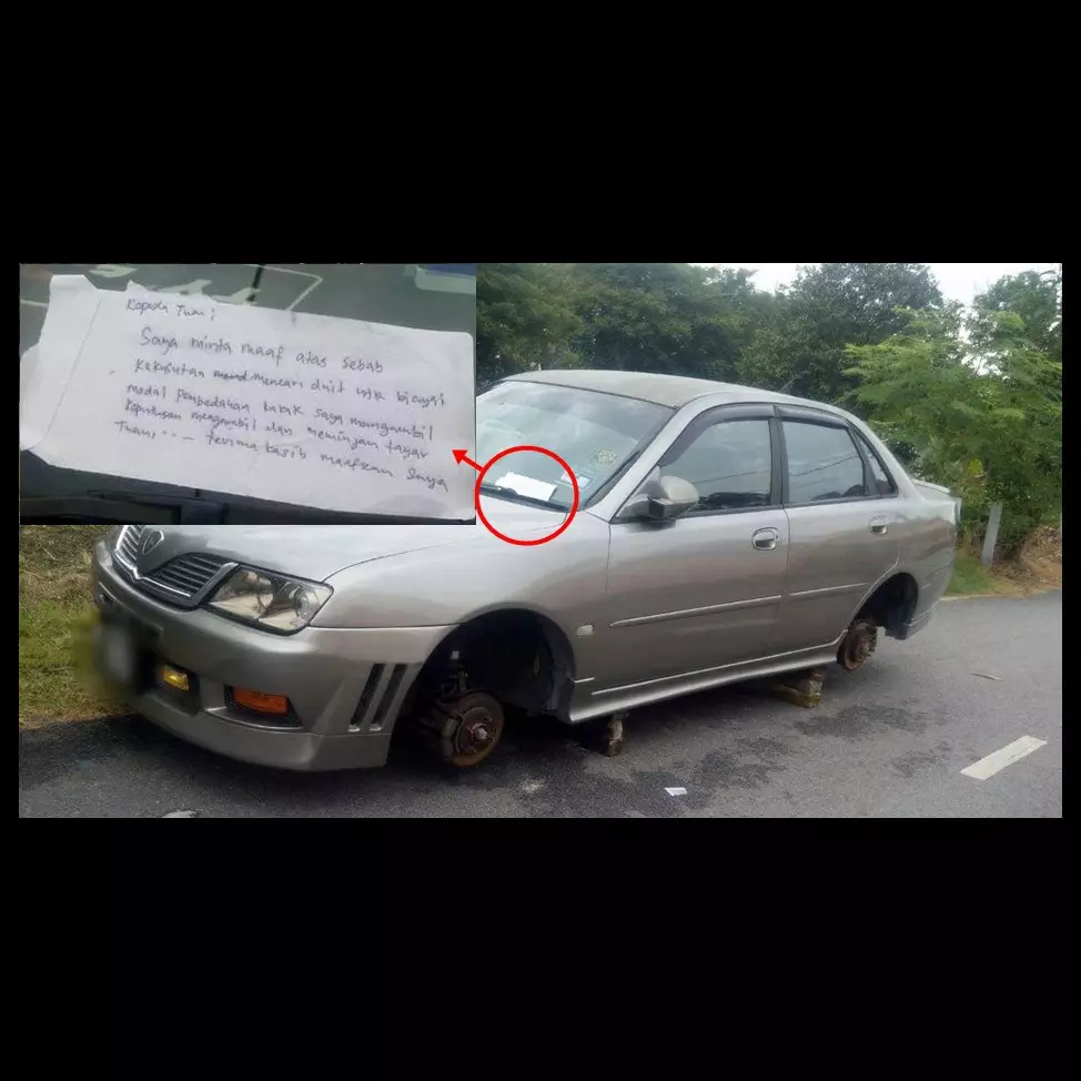 Nyolong ban mobil, maling ini tinggalkan surat minta maaf